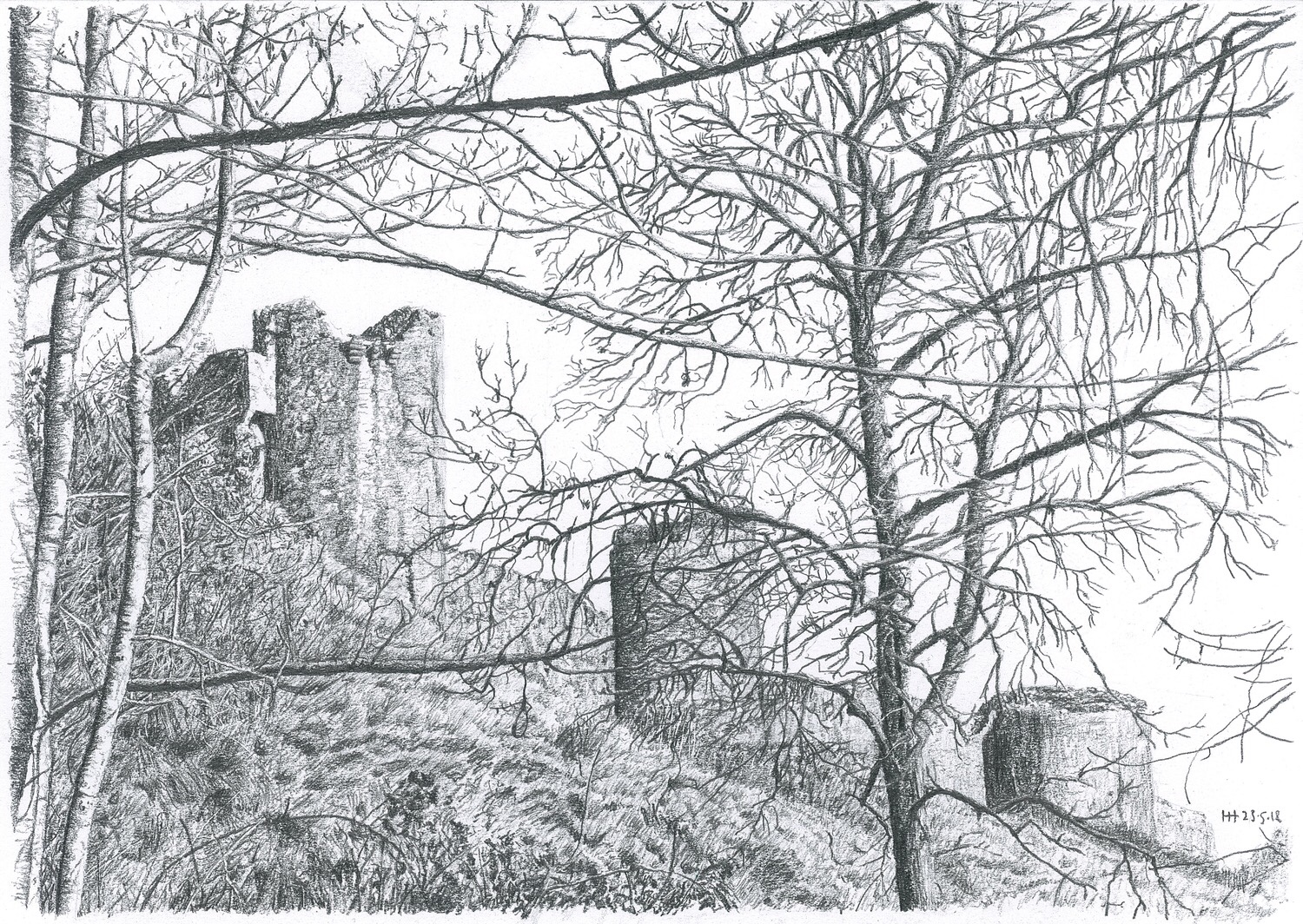 Pencil drawing of Corfe through trees