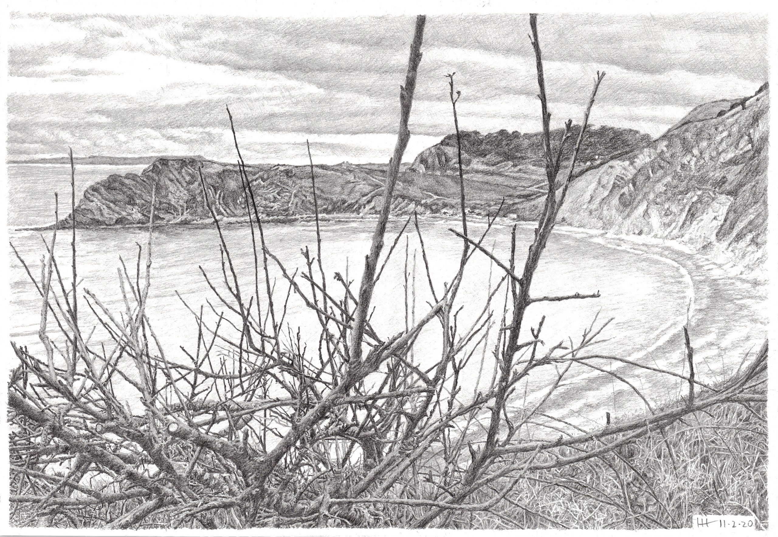Pencil drawing of Lulworth in Winter