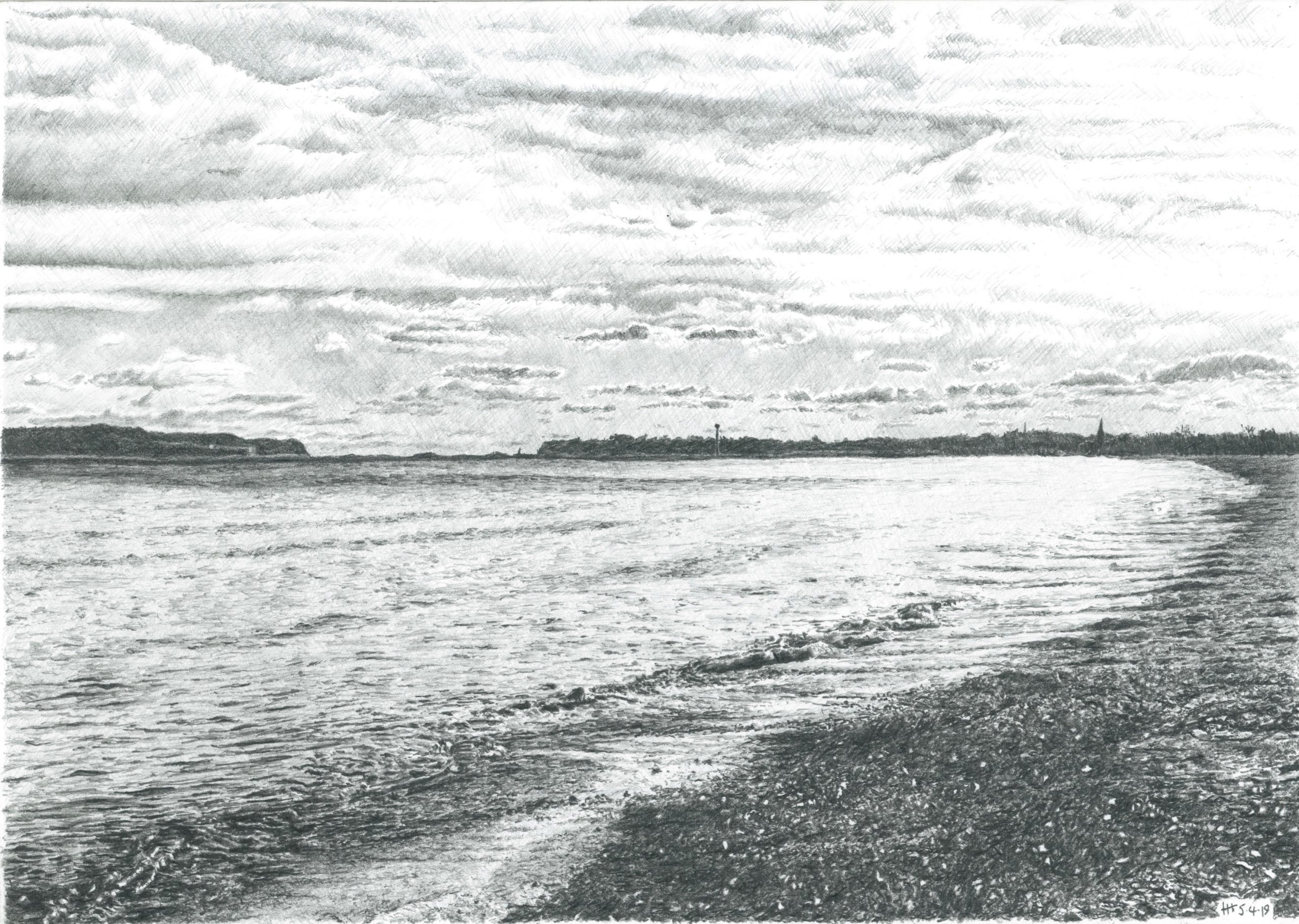 Pencil drawing, Evening Light in the Bay