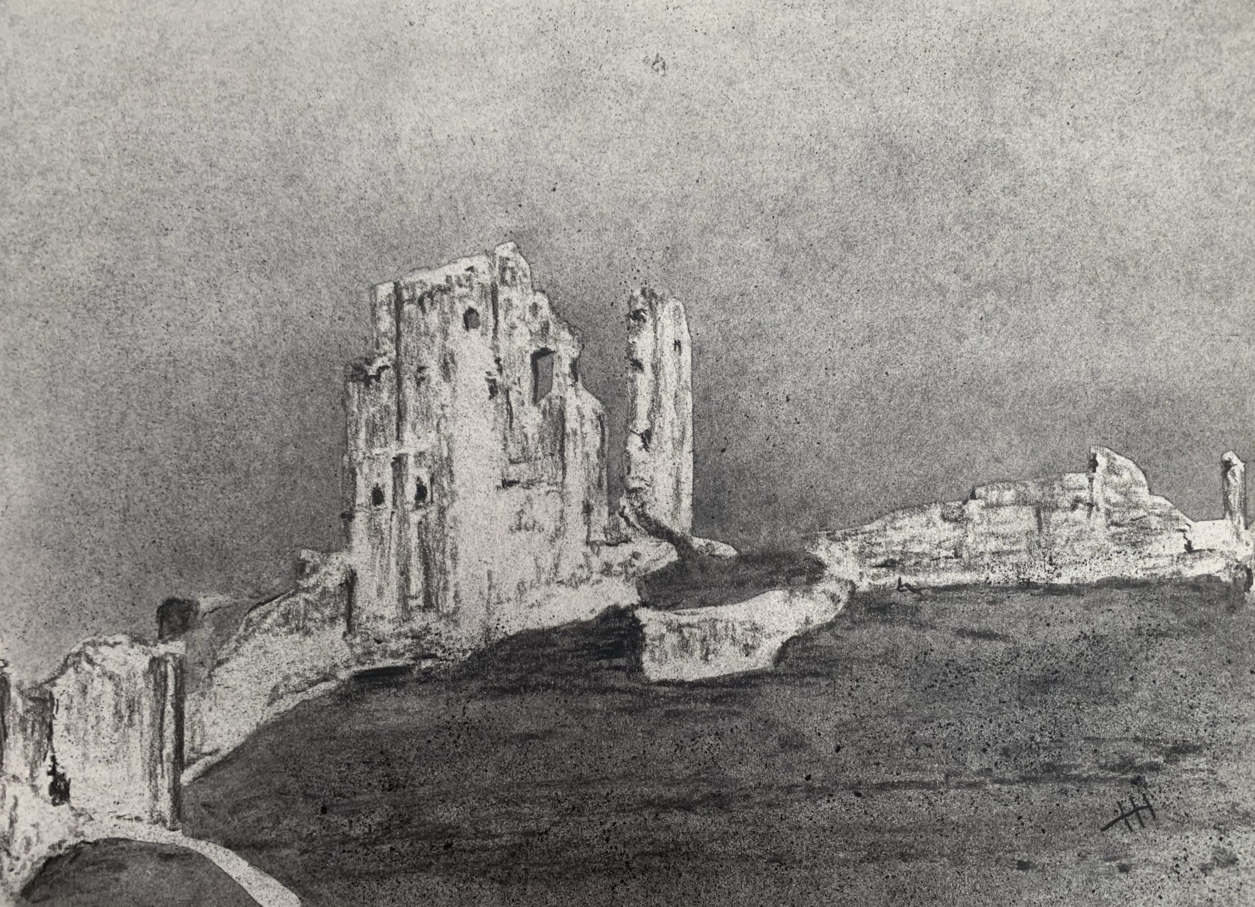 Charcoal drawing of Corfe Castle, A4