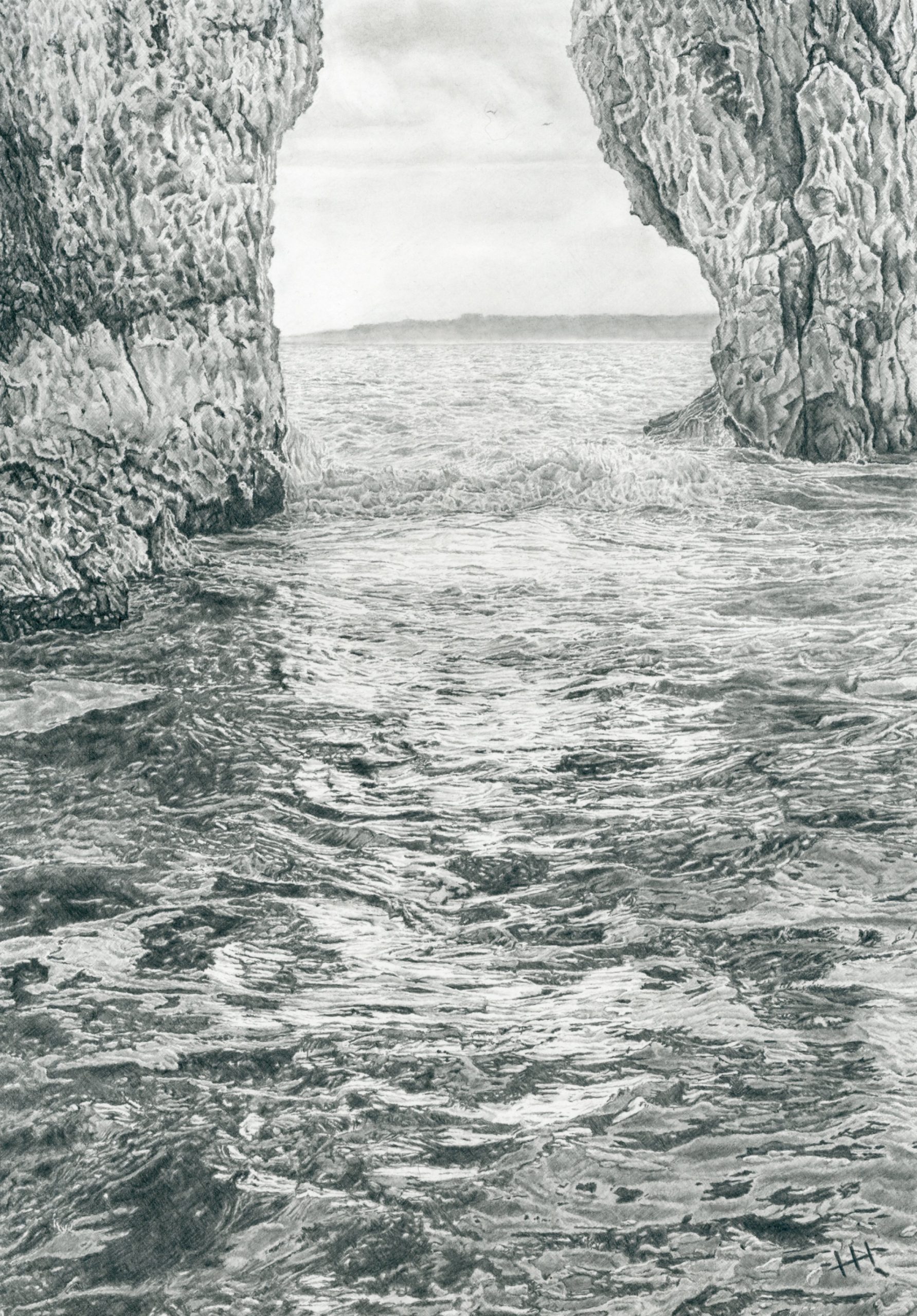 A pencil drawing of sunlight reflecting off waves between two columns of rock