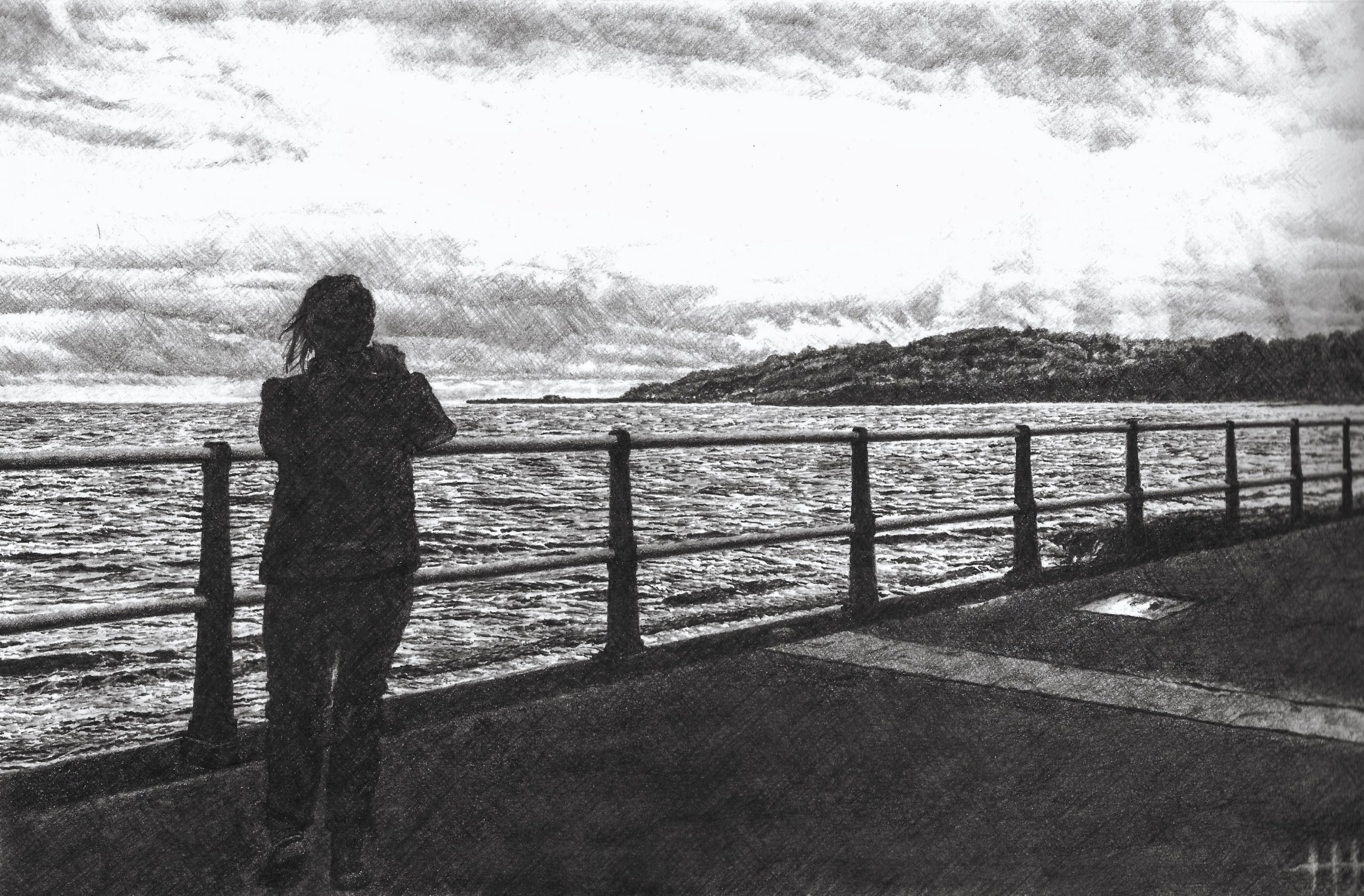 An atmospheric, black-and-white drawing of a person viewed from behind, standing on a paved promenade and standing against a metal railing. The person is looking out over a choppy body of water toward a distant, sloping coastline under a heavy, overcast sky. The artwork uses dense cross-hatching and fine lines to create deep shadows and a moody, contemplative tone.